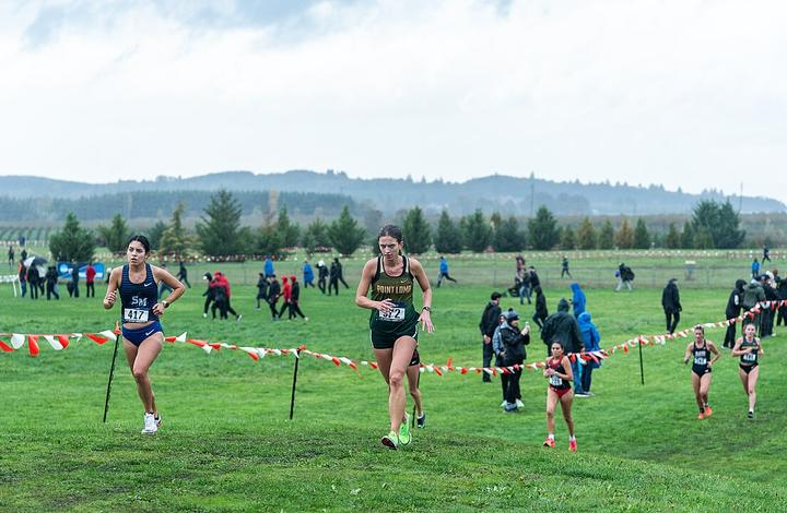 Runners racing across a cross country course